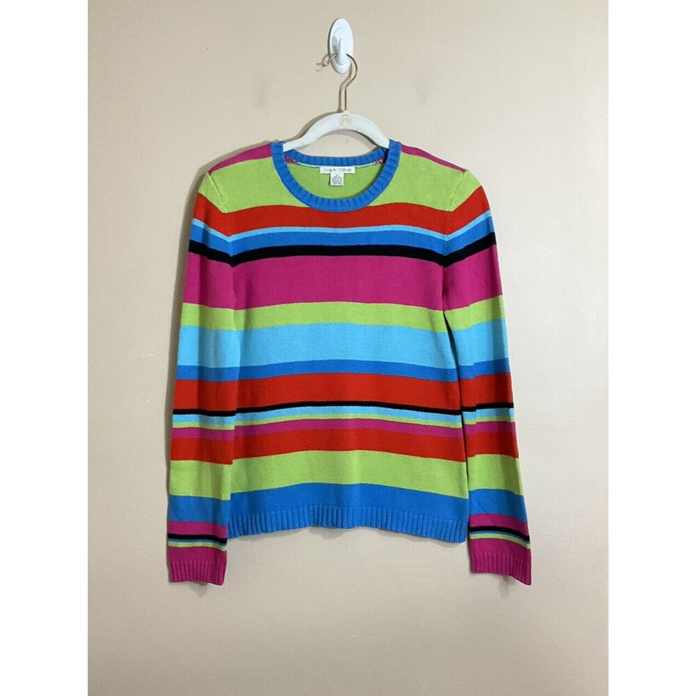 Vintage Womens Striped Crewneck Sweater S Colorful 90s Kidcore Twee Preppy